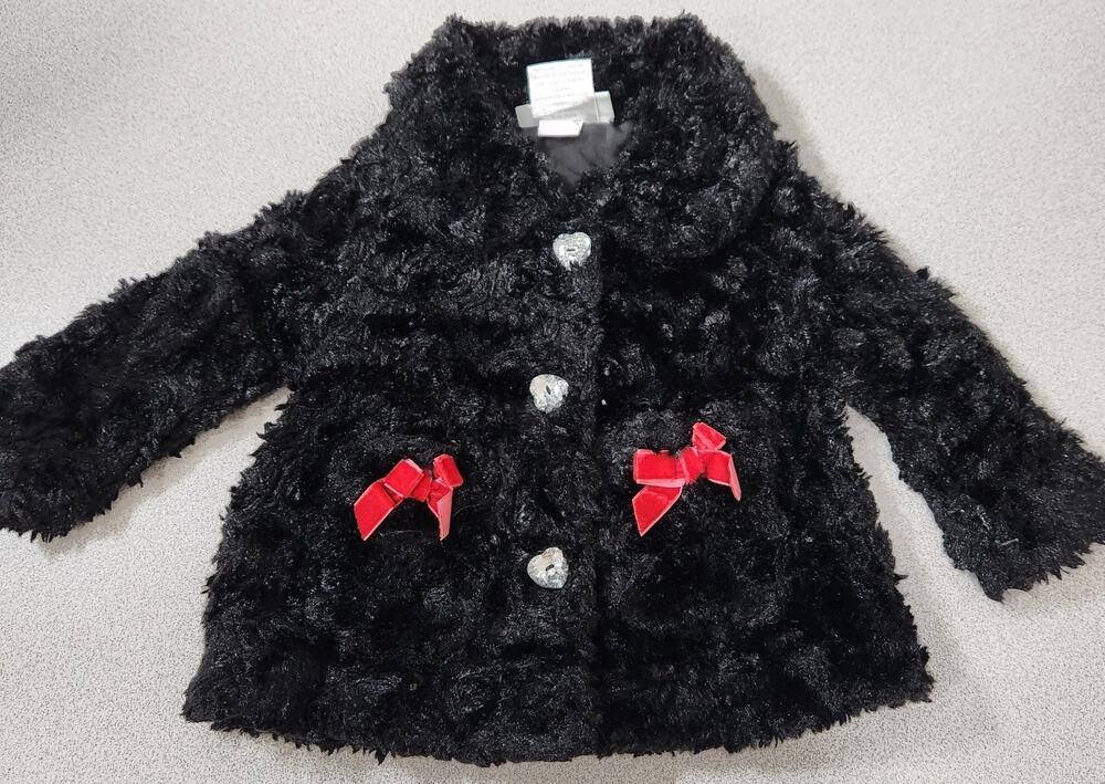 Mini Muffin Black Furry Button Up Coat 0-3 Months Rhinestone Buttons Bows Soft